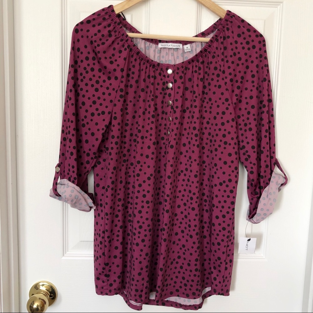 Notations Black and Purple Blouse with Cuffed Sleeves and Relaxed Style